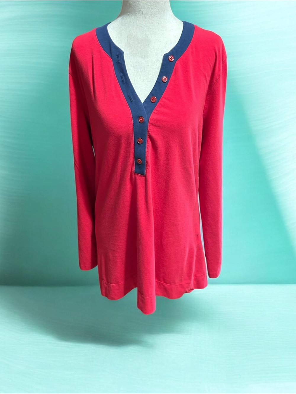 Women’s Red Long-Sleeve Henley Top with Navy Trim Large (14/16)